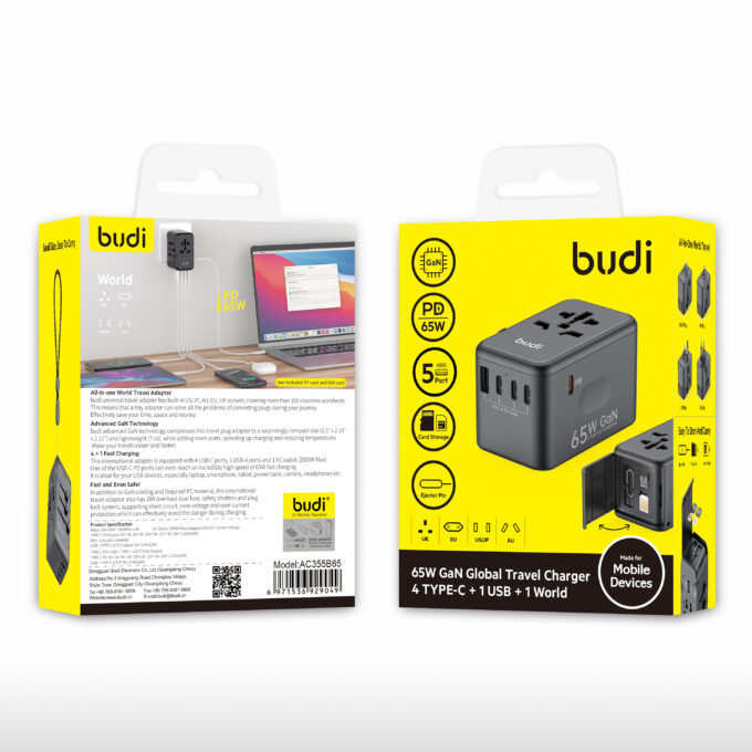 budi 5端口 USB 65W GAN氮化鎵充電旅行轉換器 AC355B65：圖片 2